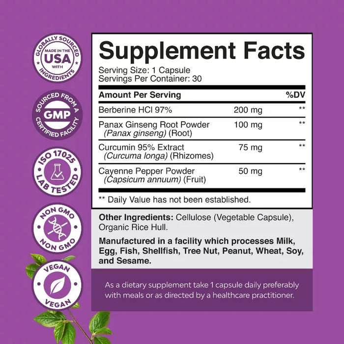 GLP-1 Berberine Capsules, Berberine with Panax Ginseng, Turmeric Curcumin & Cayenne Pepper for Metabolic Balance & Gut Health, Nature's Craft, 30ct