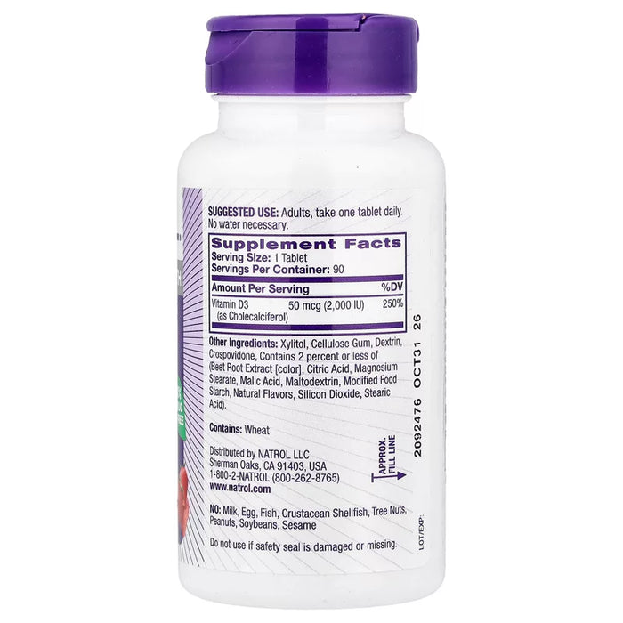 Natrol Vitamin D3, Strawberry, 2,000 IU, 90 Tablets
