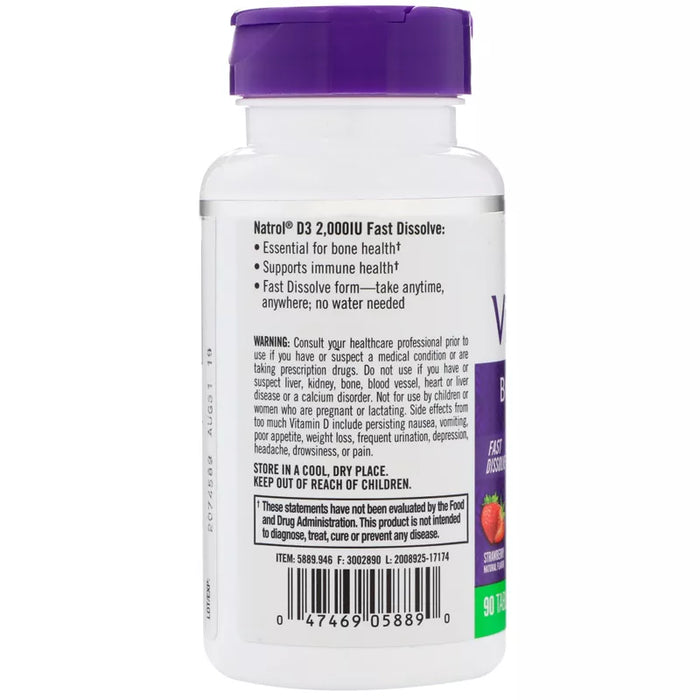 Natrol Vitamin D3, Strawberry, 2,000 IU, 90 Tablets